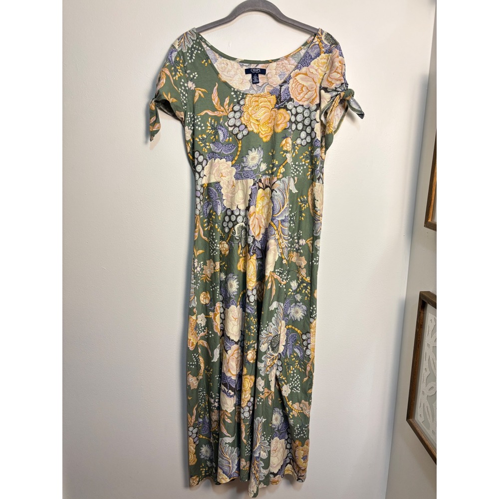Chaps Maxi Dress Womens Large 100% Cotton Green Floral Tie Sleeve Boho Cottage - Picture 7 of 9